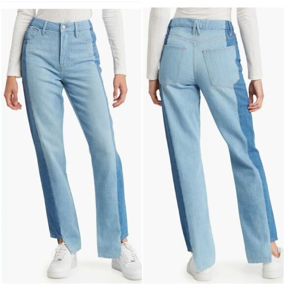 Good American Good Boy Two-Tone Step Hem High Waist Boyfriend Jeans sz 27x33 =4 - Picture 1 of 12
